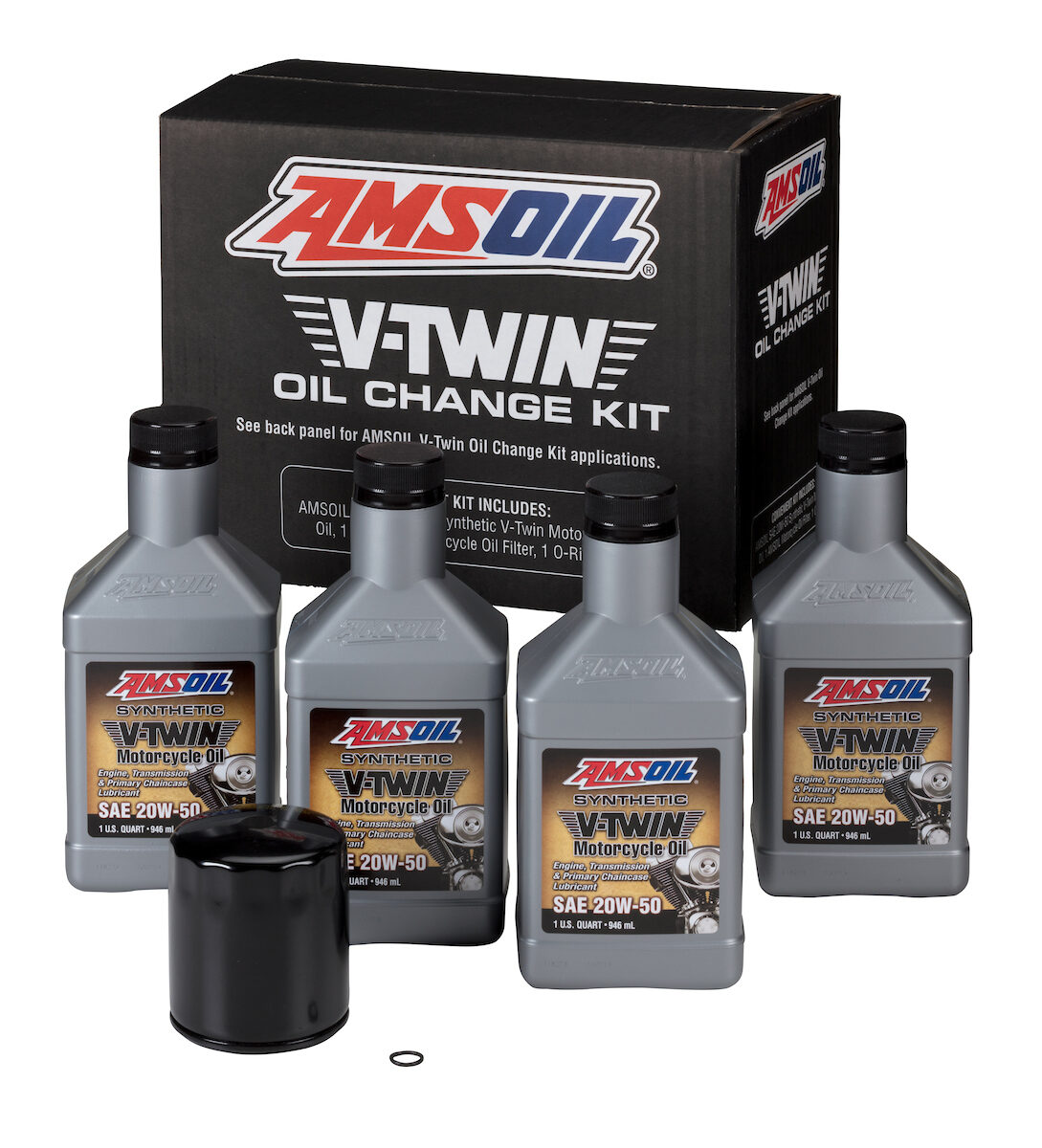 AMSOIL 20W-50 Synthetic V-Twin Oil Change kit – 4 Quarts With Black Filter