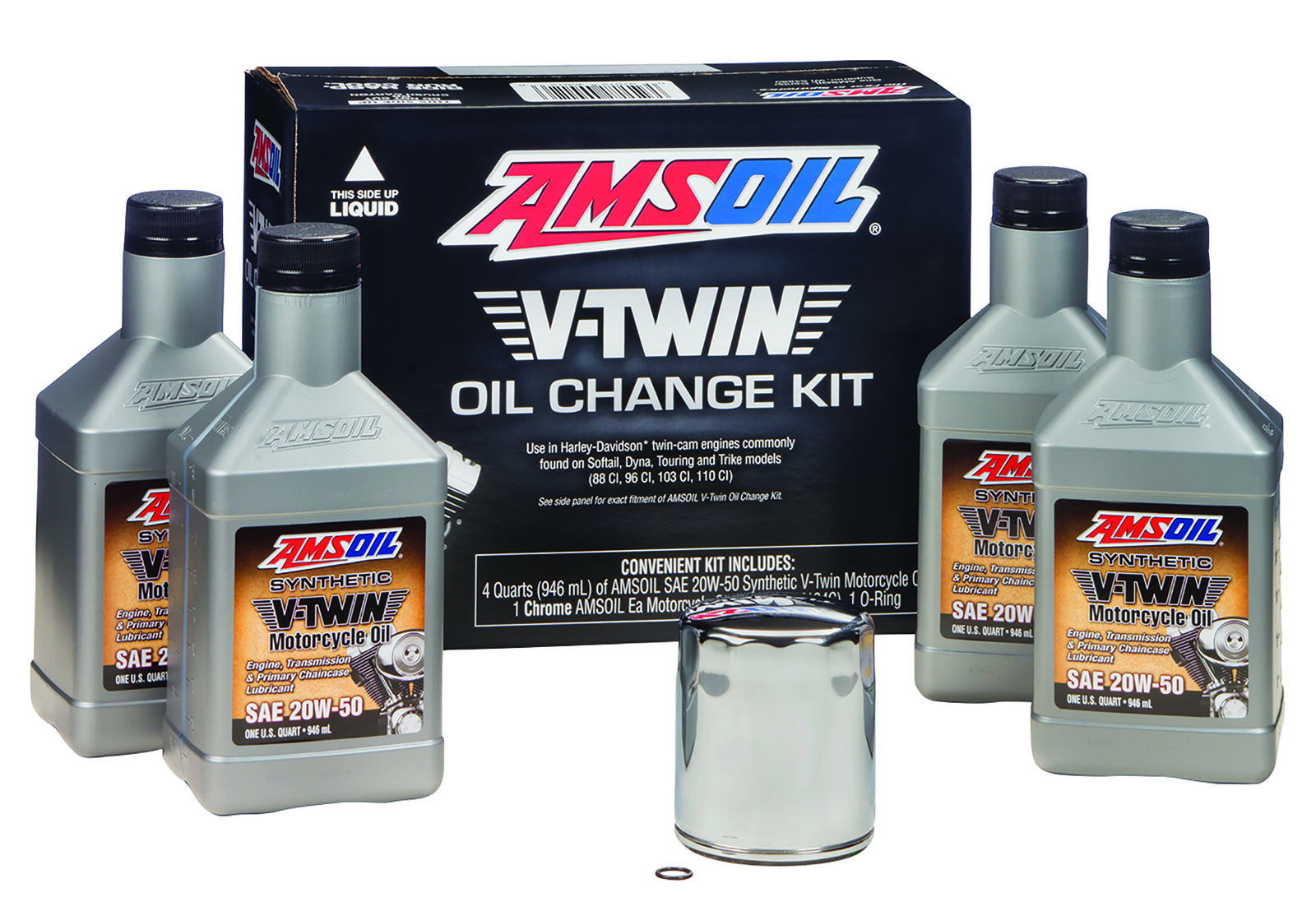 AMSOIL 20W-50 Synthetic V-Twin Oil Change kit – 4 Quarts With Chrome Filter