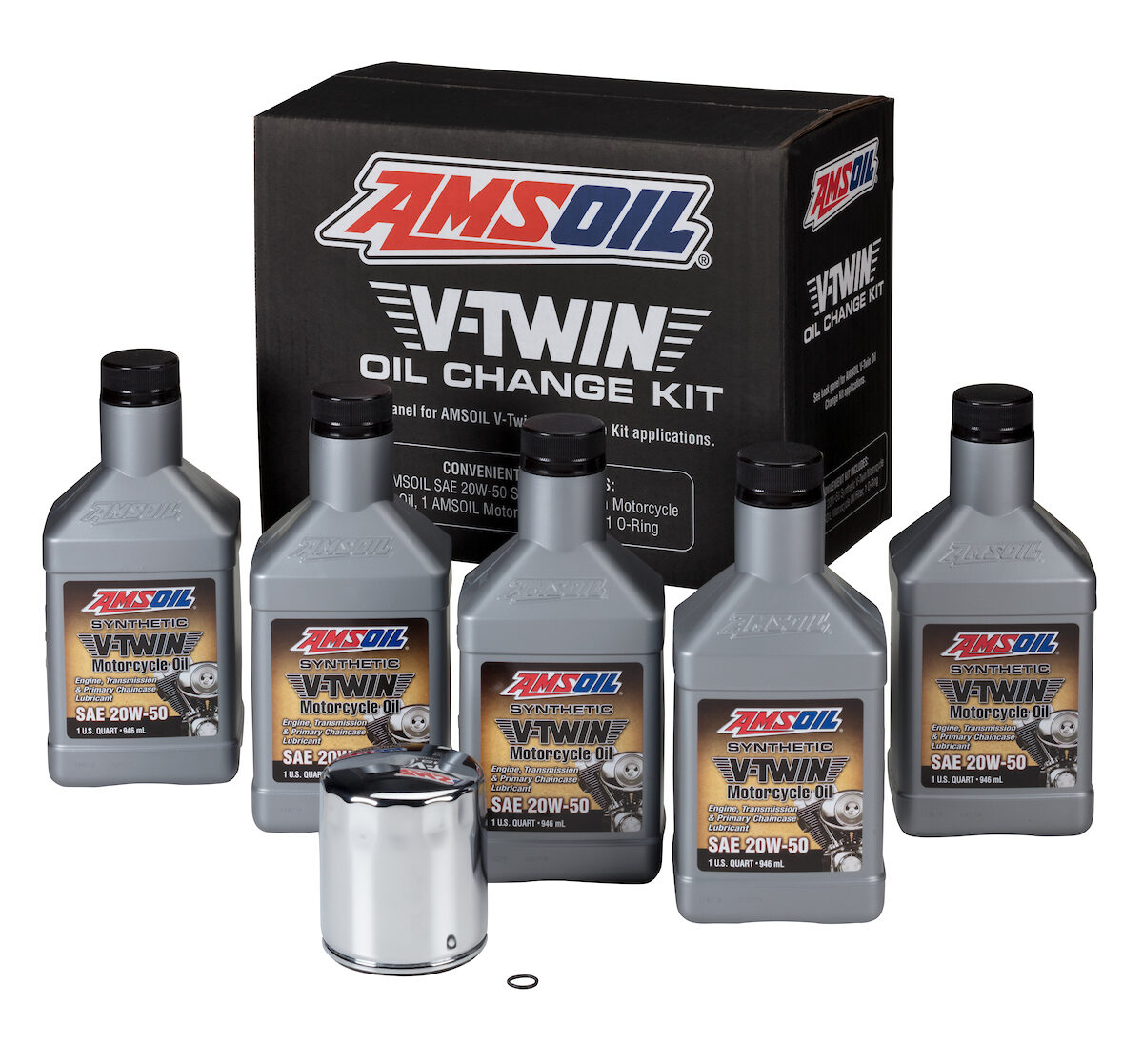 AMSOIL 20W-50 Synthetic V-Twin Oil Change kit – 5 Quarts With Chrome Filter